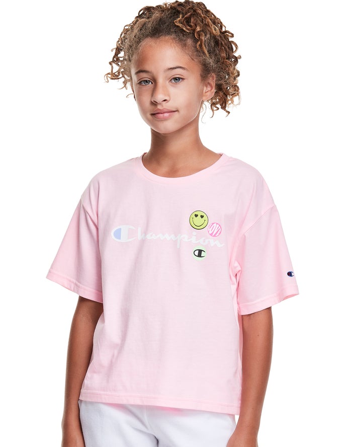 Champion Girls T-Shirt NZ - Boxy Smiley Face Pink ( 3986-AOUMR )